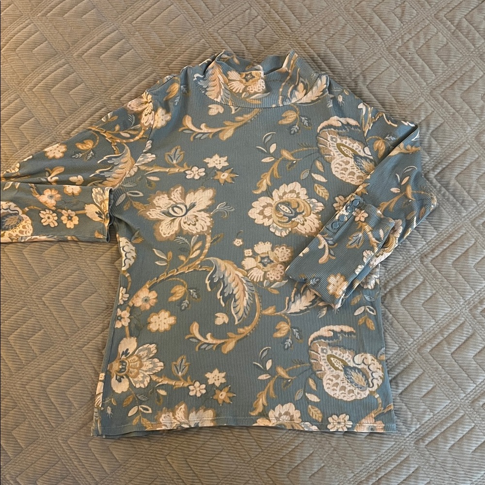 Sezane Felix Floral Long Sleeve Top - Blue and Cream